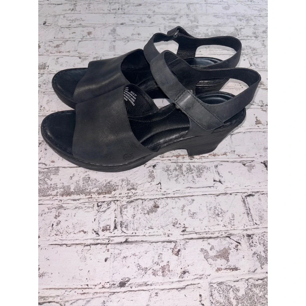 Born Black‎ Leather Wedge Sandals Womens 10M F41203 VCJL17 Comfort Platform